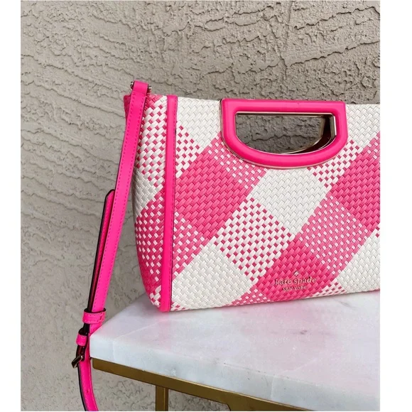 KATE SPADE Pink & White Plaid Gingham Alexia Woven Clutch Crossbody Bag